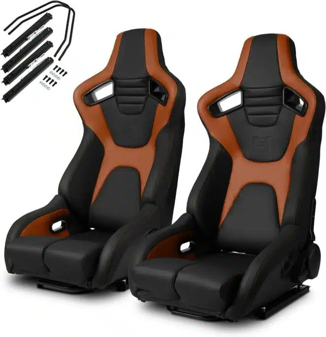 ModifyStreet Universal Black+Red Mesh PVC Reclinable Racing Seats Pair W/Slider