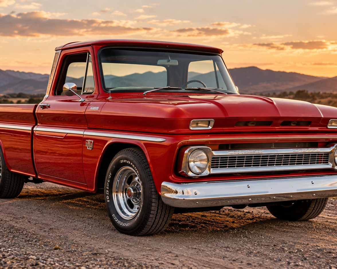 Classic red Chevy pickup truck at sunset featured on the CarDudes.net Chevy Truck Legends page