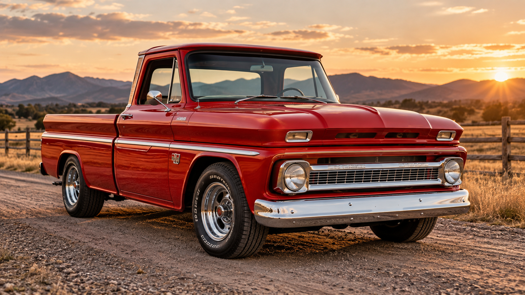 Classic red Chevy pickup truck at sunset featured on the CarDudes.net Chevy Truck Legends page