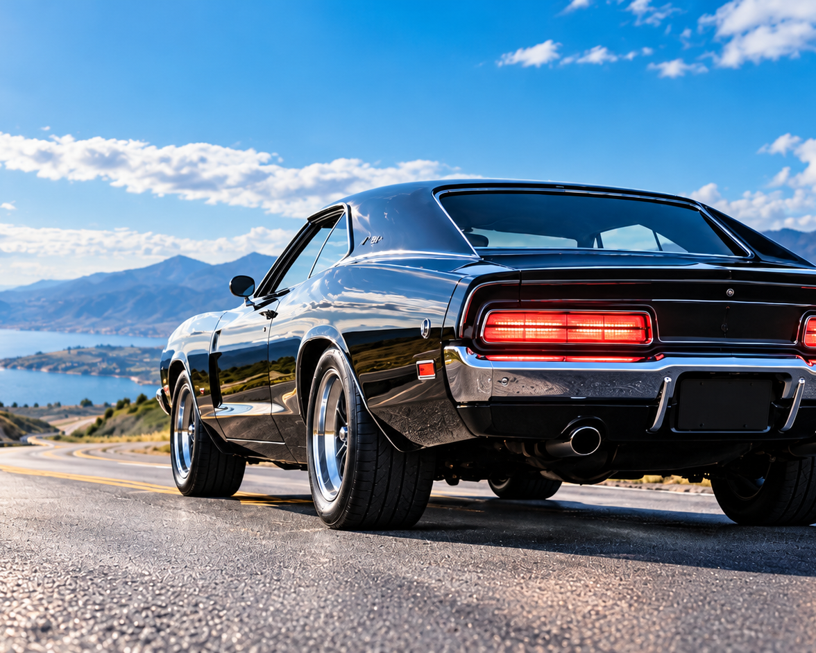 Classic muscle car with illuminated tail lights on a daytime mountain road