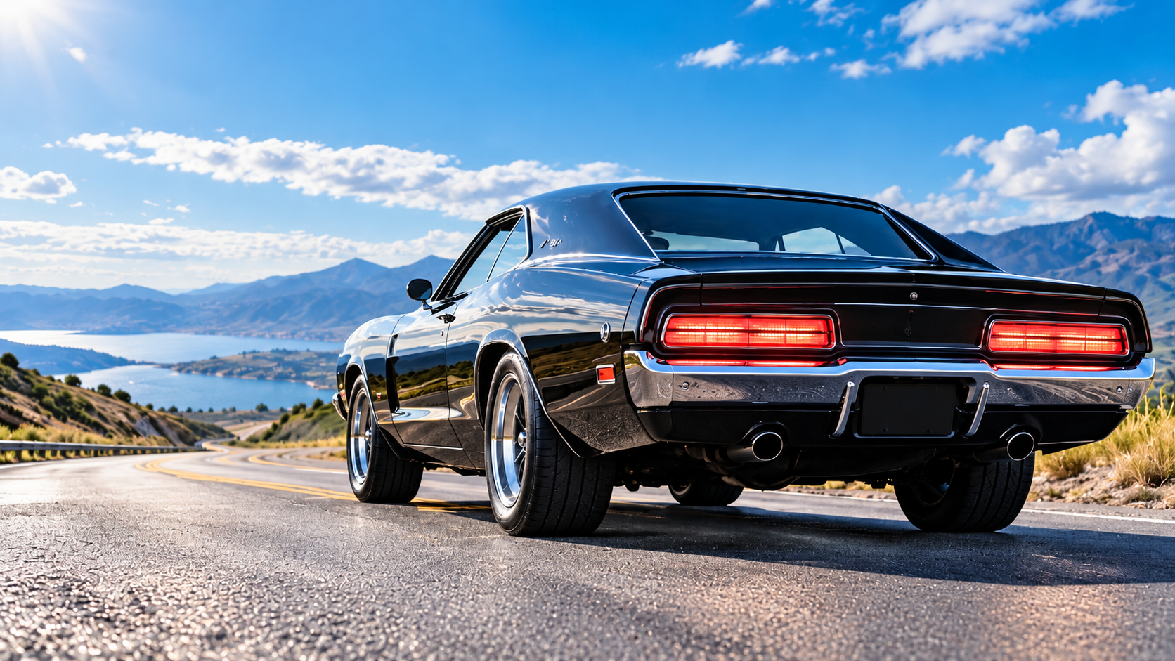 Classic muscle car with illuminated tail lights on a daytime mountain road
