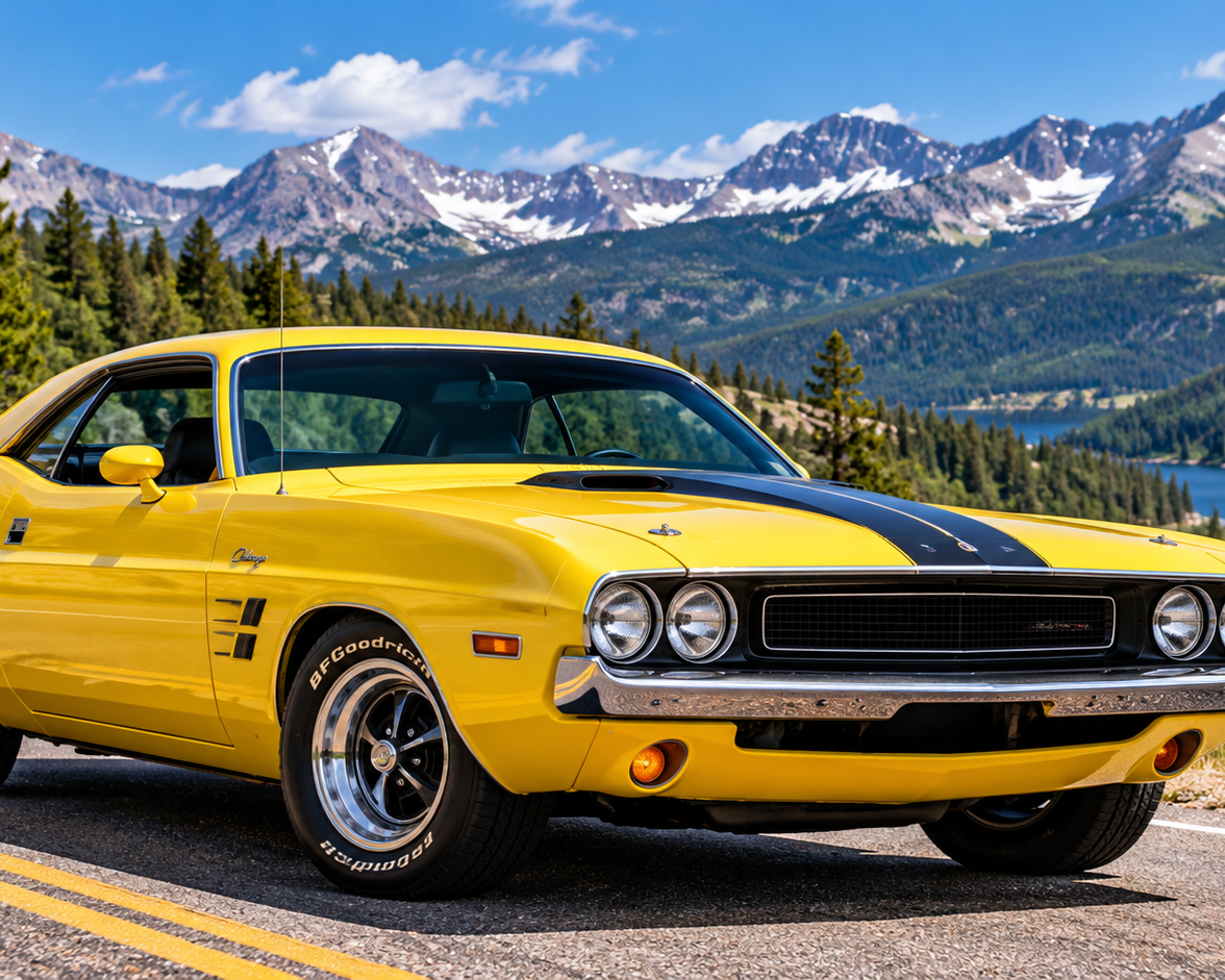 Yellow classic muscle car on a scenic mountain road