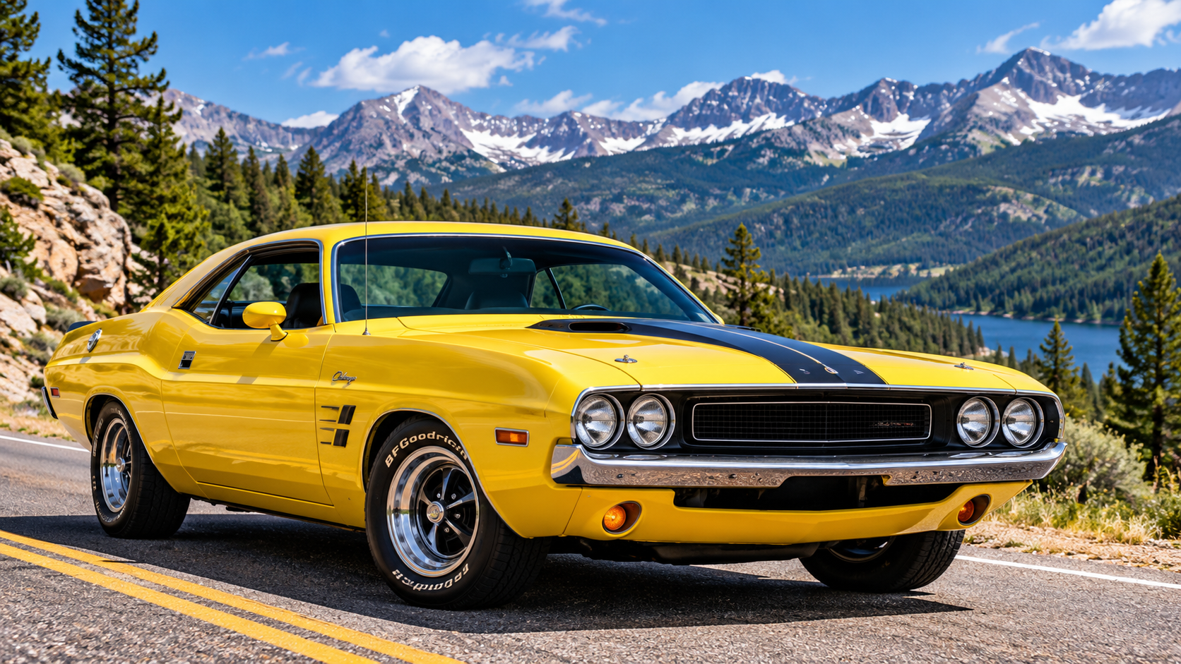 Yellow classic muscle car on a scenic mountain road