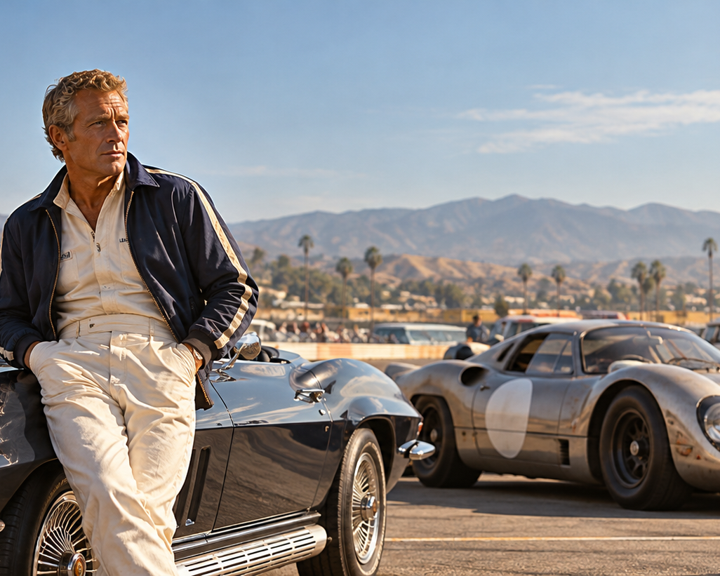 Vintage racing paddock portrait inspired by Paul Newman with classic cars in the background.
