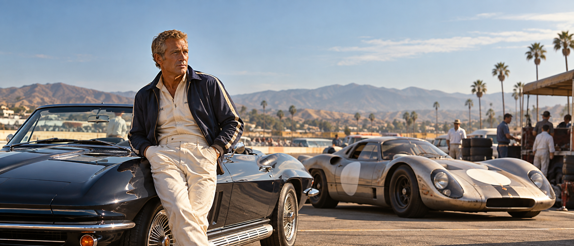 Vintage racing paddock portrait inspired by Paul Newman with classic cars in the background.