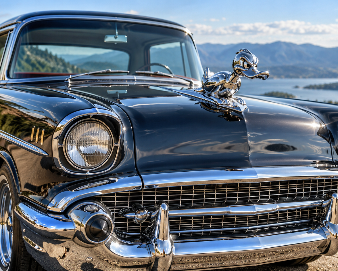 Chrome angry duck hood ornament on a classic car