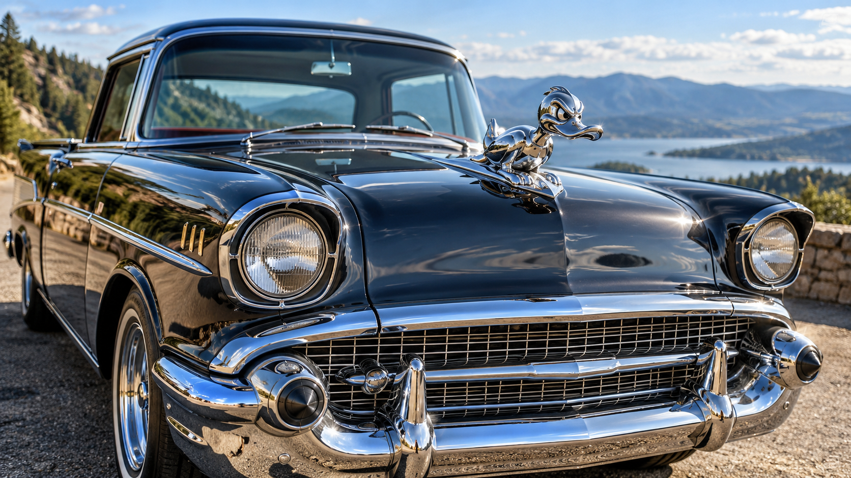 Chrome angry duck hood ornament on a classic car