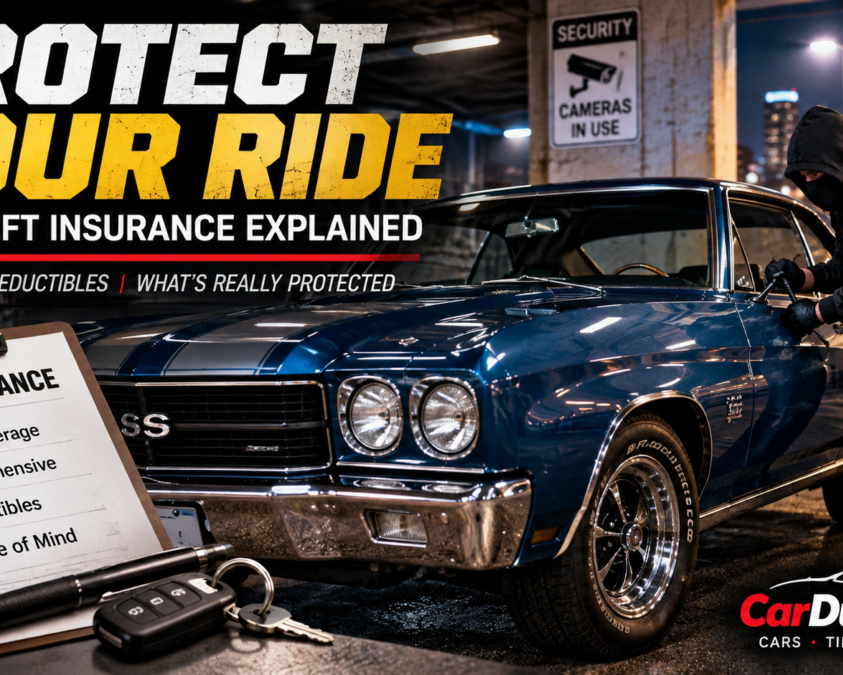 Car theft insurance explained with classic car and auto theft scene