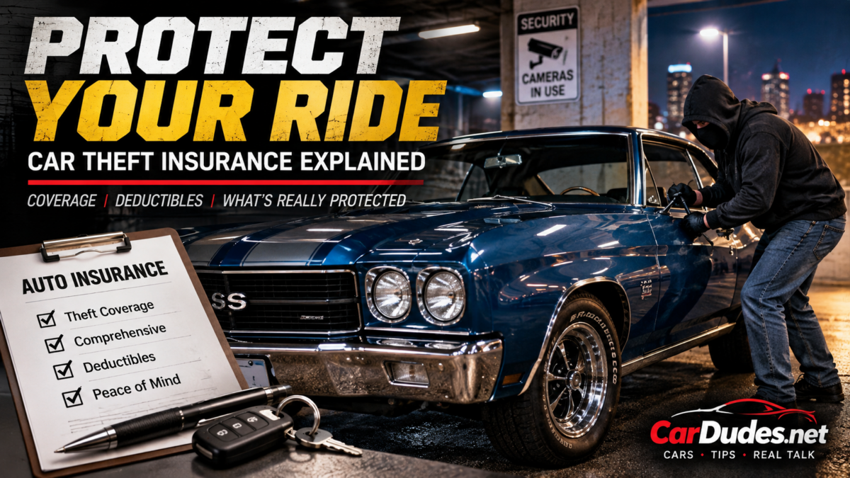 Car theft insurance explained with classic car and auto theft scene