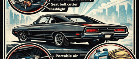 Car emergency safety kit with air compressor jumper cables and first aid supplies