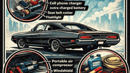 Car emergency safety kit with air compressor jumper cables and first aid supplies