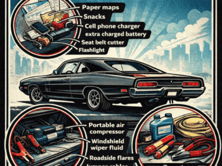 Car emergency safety kit with air compressor jumper cables and first aid supplies