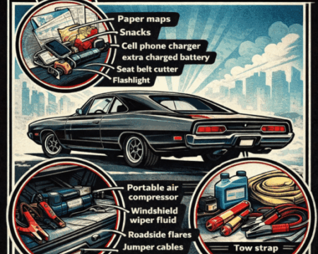 Car emergency safety kit with air compressor jumper cables and first aid supplies