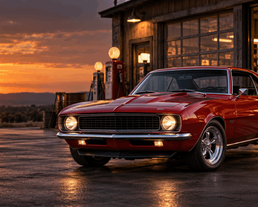Red classic Camaro outside a vintage garage at sunset