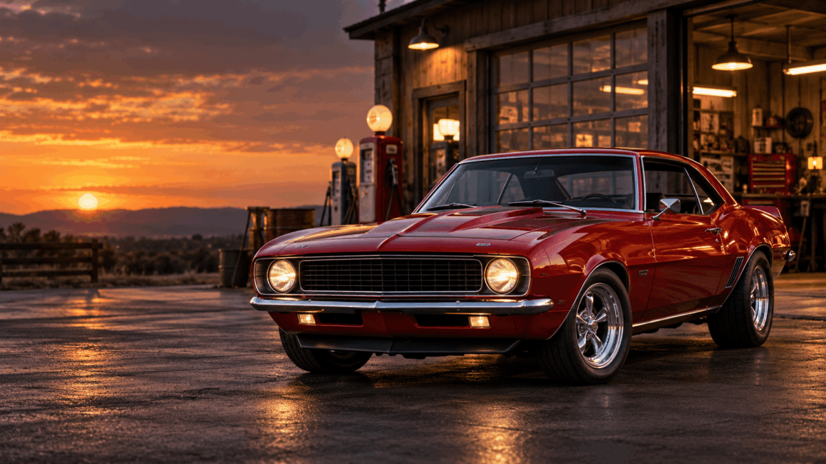 Red classic Camaro outside a vintage garage at sunset