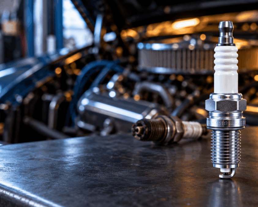 Automotive spark plug with performance engine in background