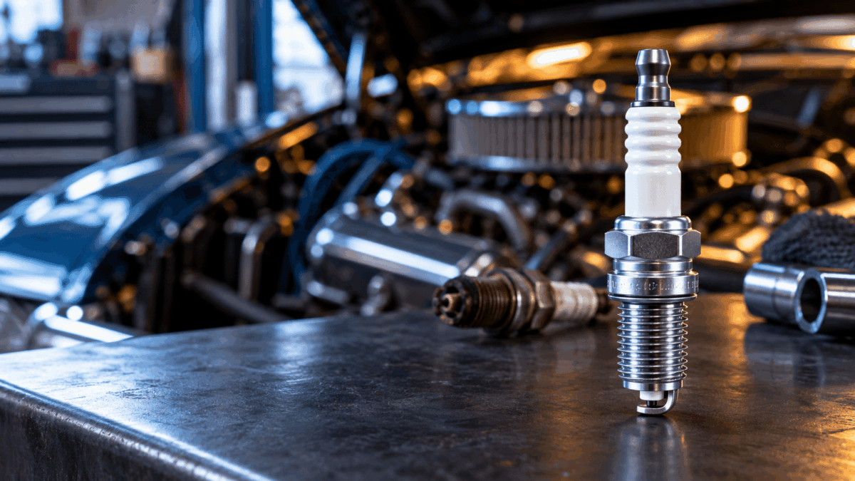 Automotive spark plug with performance engine in background