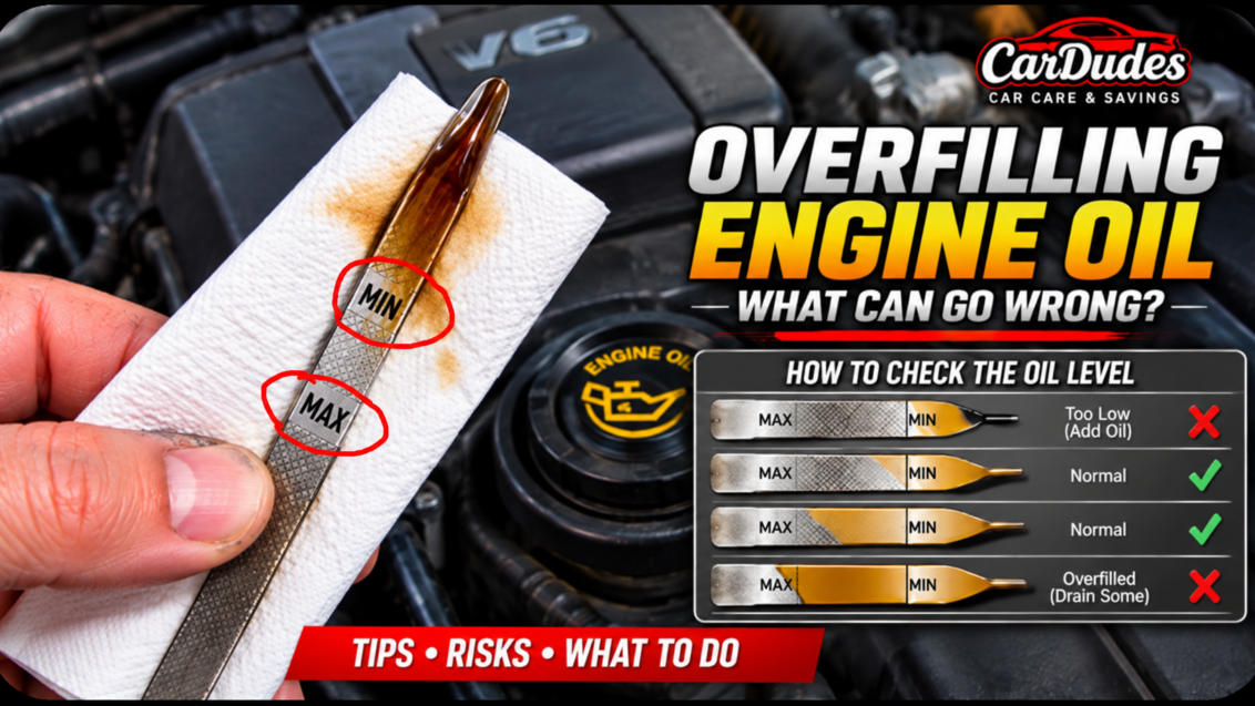Overfilled engine oil dipstick showing oil level above the maximum mark