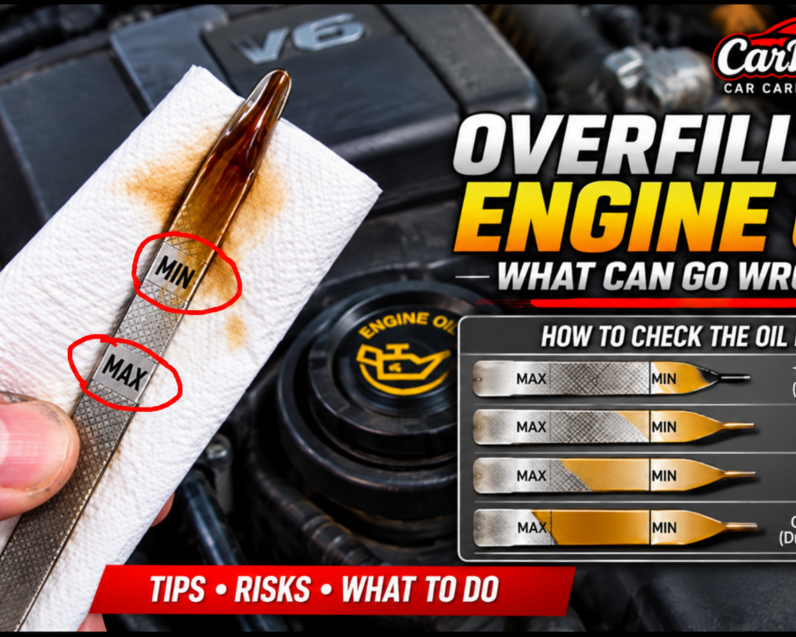 Overfilled engine oil dipstick showing oil level above the maximum mark