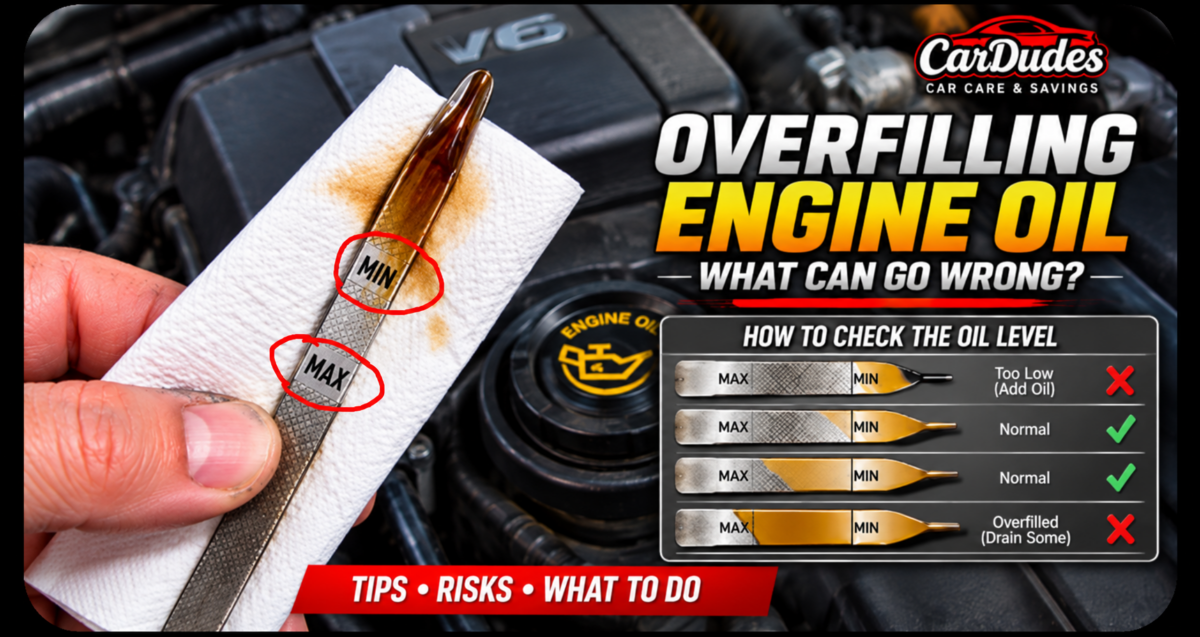 Overfilled engine oil dipstick showing oil level above the maximum mark