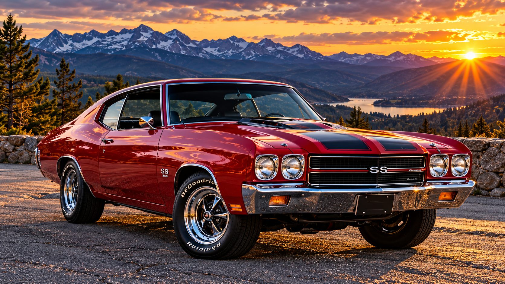 Classic red muscle car in the mountains for CarDudes Automotive Solutions