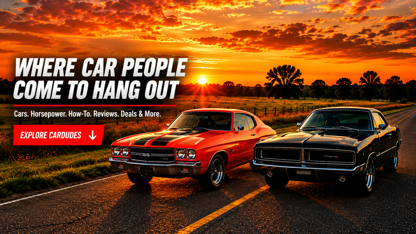Classic muscle cars at sunset on the CarDudes.net homepage
